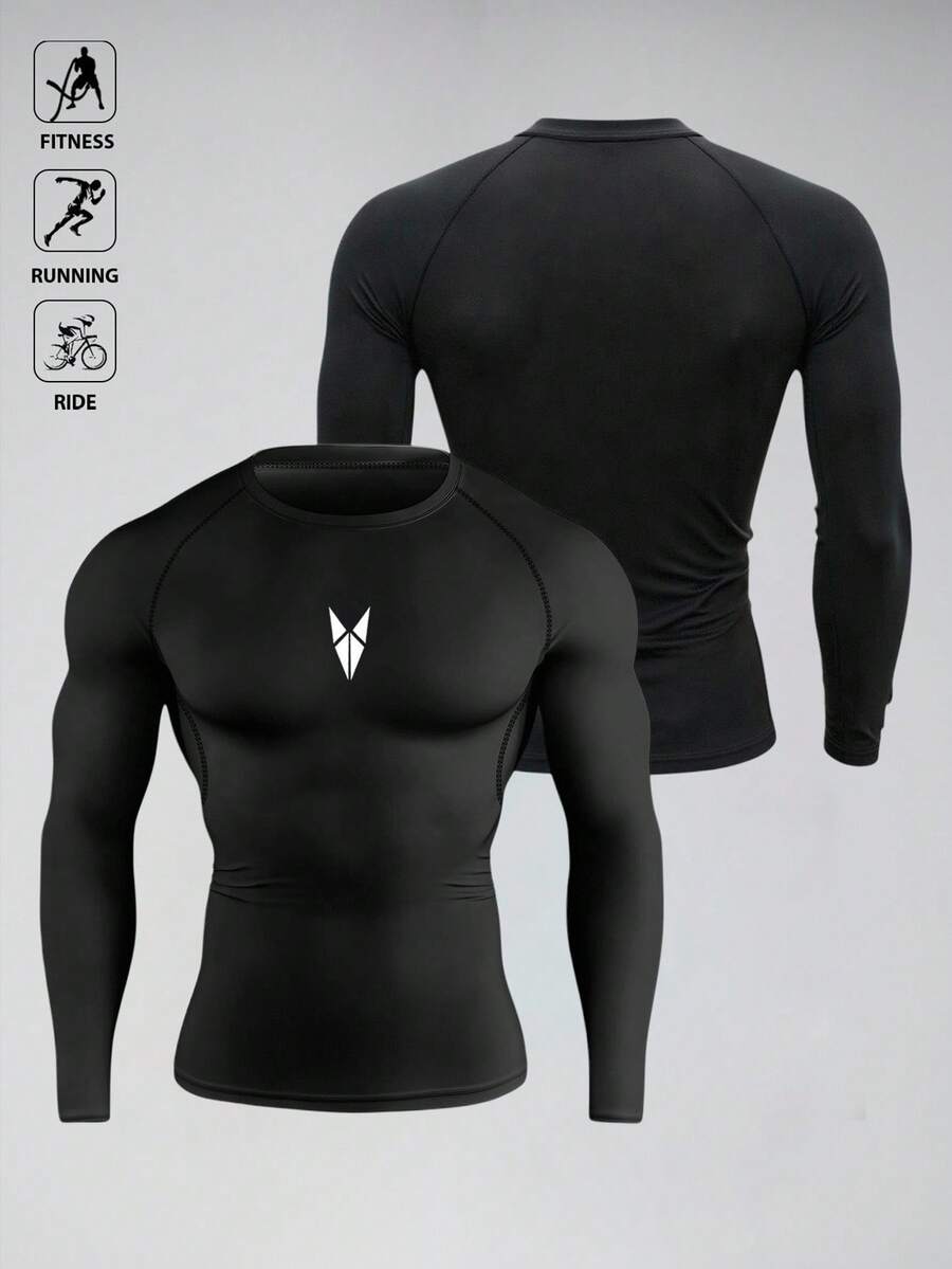 Gym Rark Men's Slim Fit Geometric Print Long Sleeve Athletic T-Shirt Spandex Shirts Men Compression Tops Compression Long Sleeve Men Compression Shirts Compression Top Compression Shirt Men - Black - View 1