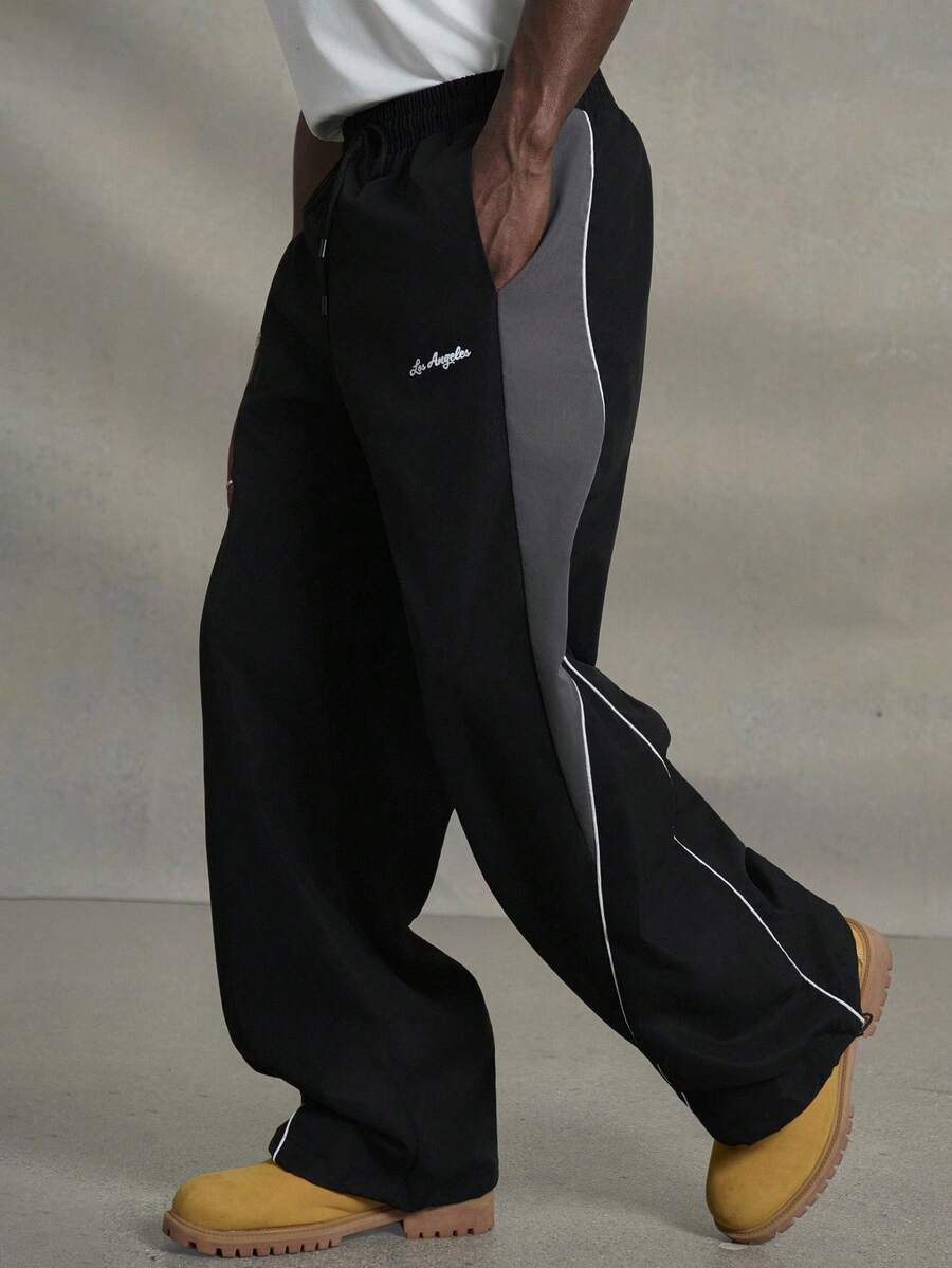 PAVTROS 男士休闲拼色抽绳直筒裤，宽松长款拼接黑色直筒运动裤 - 黑色 - 查看 1