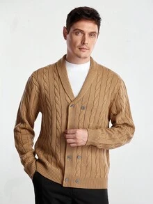 Manfinity CityGents 男士休闲纯色双排扣开衫，秋冬 - 卡其色 - 查看 1