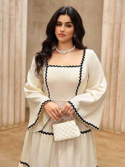 Roveilla 大码女式碎花蕾丝腰长袖连衣裙