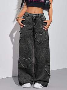 SHEIN PETITE 女式休闲百搭纽扣口袋阔腿直筒牛仔裤 - 黑色 - 查看 3