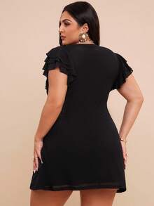 SHEIN BAE 大码女式黑色V领迷你紧身连衣裙，性感连衣裙 - 黑色 - 查看 7