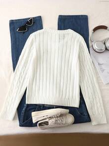 SHEIN 1 件女式经典粗针织套头衫，V 领修身长袖常规厚度针织上衣，带有黑色骏马刺绣装饰，舒适百搭，适合春秋季节，休闲日常穿着 - 白色 - 查看 2