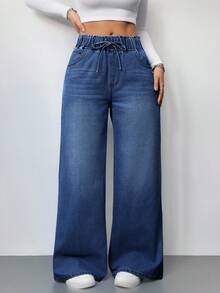 SHEIN Tall CURVE Plus Size Women Belted Pocket Wide Leg Loose Casual Jeans - Dark Wash - View 7