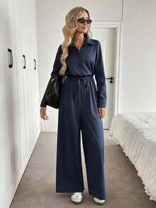 Easowa 女士休闲宽松优雅连体裤，翻领，纽扣，抽绳腰部，长袖，阔腿裤，适合通勤