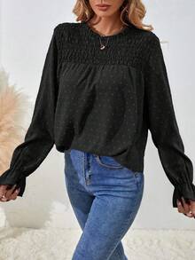 EMERY ROSE Casual Versatile Commute Solid Color Textured Long Sleeve Shirt - Black - View 3