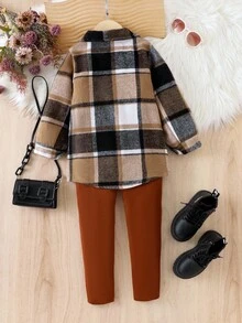 SHEIN Elladie kids 2件組少女復古90年代格紋襯衫外套休閒極簡吊帶連身褲，棕色波點秋季公主風7歲生日開學穿搭 - 卡其色 - 查看 2
