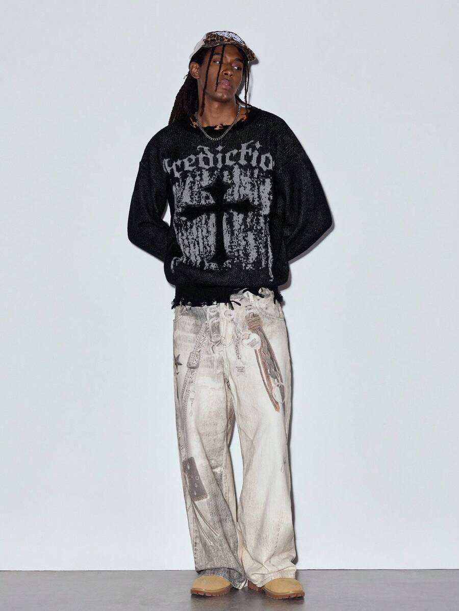 Modcrash 男士街头哥特提花图案做旧设计休闲宽松针织套头毛衣，圆领，落肩，长袖，秋冬款 - 黑色 - 查看 1