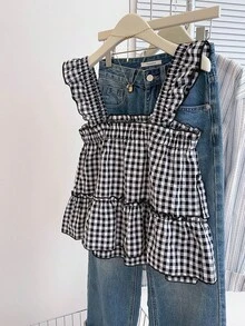 INAWLY Women's Casual Plaid Sleeveless Top, Summer - Black and White - View 2