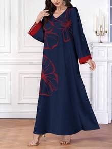 SHEIN Najma 女式复古红线花卉数码印花 V 领长袖优雅阿拉伯连衣裙，春秋 - 彩色 - 查看 4