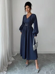 Modelyn 女式长袖交叉领口收腰A字条纹蓝色连衣裙 - 藍色 - 查看 3