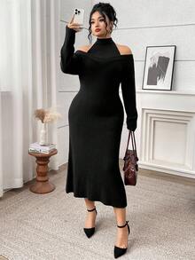Modelyn Große Größen Elegantes Strickkleid in Unifarbe mit Trägerhals für Damen, Herbst-Winter-Kleidung, Schulterfrei - Schwarz - Übersicht 3
