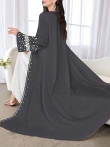 SHEIN Najma 女式仿钻石和珍珠图案时尚长袖开衫，春秋季休闲阿拉伯长袍 - 彩色 - 查看 4