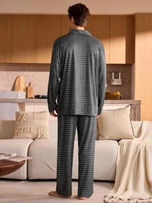 Manfinity Underwear&Sleepwear Basics 2 pièces Ensemble de pyjama à manches longues et pantalon long à motif à carreaux pour hommes de grande taille (confortable et doux pour le port à la maison) - Noir et Blanc - Voir 2