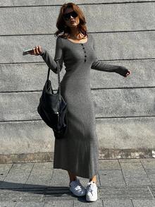 Livesso Women's Slim Fit Business Casual Solid Color Half-Placket Pullover Sweater Dress, Suitable For Office Wear In Autumn And Winter - Grey - View 7