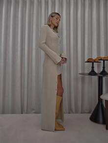 MUSERA Longline Fine Knit Button Down Split Back Cardigan And Mini Skirt Set Cute Classy Casual Streetwear Sexy Going Out Fall Autumn Toffee Evening Party Elegant  Winter  Spring - Apricot - View 4