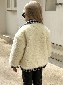 Young Girl Patchwork Houndstooth Long Sleeve Fleece Beige Jacket, Autumn/Winter - Beige - View 4