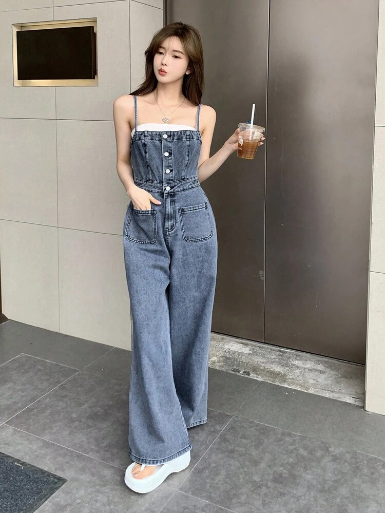 Women's Casual Washed Denim Bib Overalls And Jumpsuit