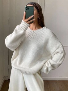 DAZY V-Neck Loose Oversized Sweater For Women Fall/Winter - Beige - View 4