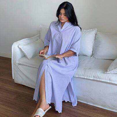 플러스플러스 사이즈 여성 스트라이프 크루 넥 루즈 헴 슬릿 맥시 잠옷