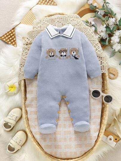 SHEIN 新生儿舒适休闲绅士风格彼得潘领连体衣，可爱熊提花设计，婴儿毛衣外套，可爱柔软，适合爬行和日常穿着