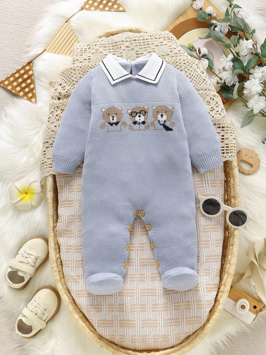 SHEIN 新生儿舒适休闲绅士风格彼得潘领连体衣，可爱熊提花设计，婴儿毛衣外套，可爱柔软，适合爬行和日常穿着 - 藍色 - 查看 1