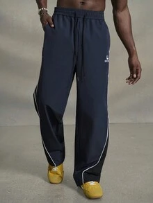 PAVTROS Men's Casual Color Block Patchwork Drawstring Straight Pants, Going Out Long Colorblock Blue Straight Leg Sweatpants, Back To School - Navy Blue - View 6