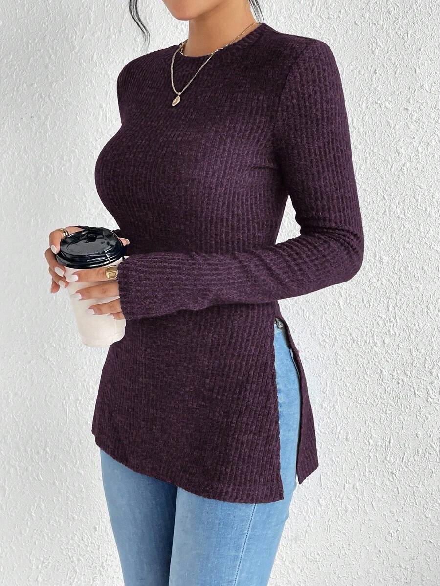 SHEIN Frenchy Solid Split Grain Fabric Round Neck Hem Ribbed Knit Tee,Fall,Fall Clothes For Women Winter Casual Spring - Violet Purple - View 1