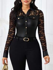 SHEIN Lady Áo thun nữ tay dài cài nút ren tương phản bằng da PU có túi nắp - màu đen - Xem 5