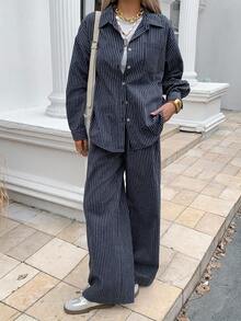 DAZY Women's Casual Striped Loose Shirt And Pants 2 Pieces Set, Autumn Lounge Sets For Women - Navy Blue - View 5