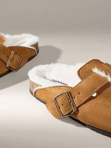 Solecia Women's Buckle Design Thermal Lined Casual Flat Mule Slippers - Camel - View 5