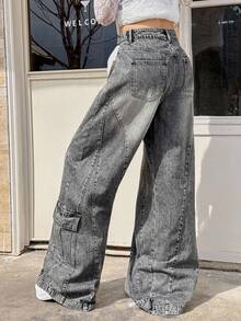 Rivivi 女式直筒宽松时尚百搭休闲低腰阔腿牛仔裤 - 灰色 - 查看 5