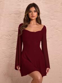 SHEIN BAE 优雅纯色红色/酒红色方领长袖露背系带公主裙，适合秋冬、春季、情人节、派对、浪漫约会、伴娘、舞会、工作、日常穿着 - 酒紅色 - 查看 4