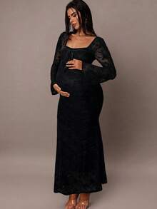 MaterniChic 孕妇甜心领口系带喇叭袖修身优雅连衣裙 - 黑色 - 查看 5