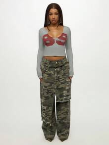 SUMWON WOMEN Cotton Women Long Sleeve V Neck Crop Top Butterfly Print Design Casual Fall Fashion Slim Fit Retro Y2K Style Everyday Basic Top - Grey - View 3