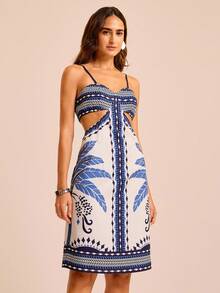 CAJUNI Women's Vacation Palm Tree Print Cutout Waist Sexy Spaghetti Strap Dress - Multicolor - View 4