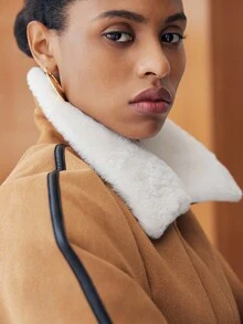 Lumivelle Abrigo de mujer con cuello de piel sintética y dobladillo de color contrastante