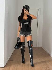 StreetHx Áo thun tay ngắn bo eo màu trơn cho nữ, mùa hè - màu đen - Xem 6