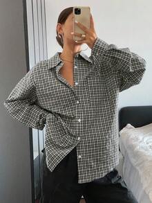 Livesso 格子宽松长袖翻领女式衬衫，秋季衣服，法兰绒女式 - 黑色 - 查看 3