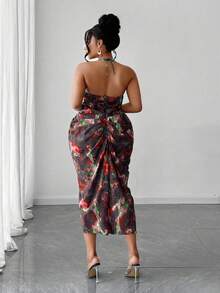 Maweii 大码女式扎染印花褶饰紧身露背连衣裙 - 紅色 - 查看 2
