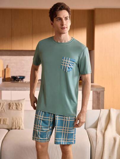 Men's Plaid Pocket Short Sleeve Top And Shorts Pajama Set