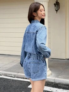 Rivivi Women's Casual Washed Denim Romper - Blue - View 2