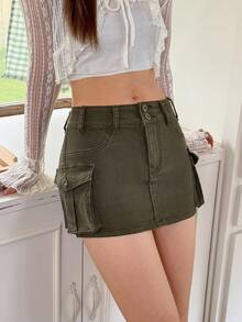 Rivivi Women's Fashion Denim Low Waist Super Short Skirt With Pockets - Dark Green - View 3