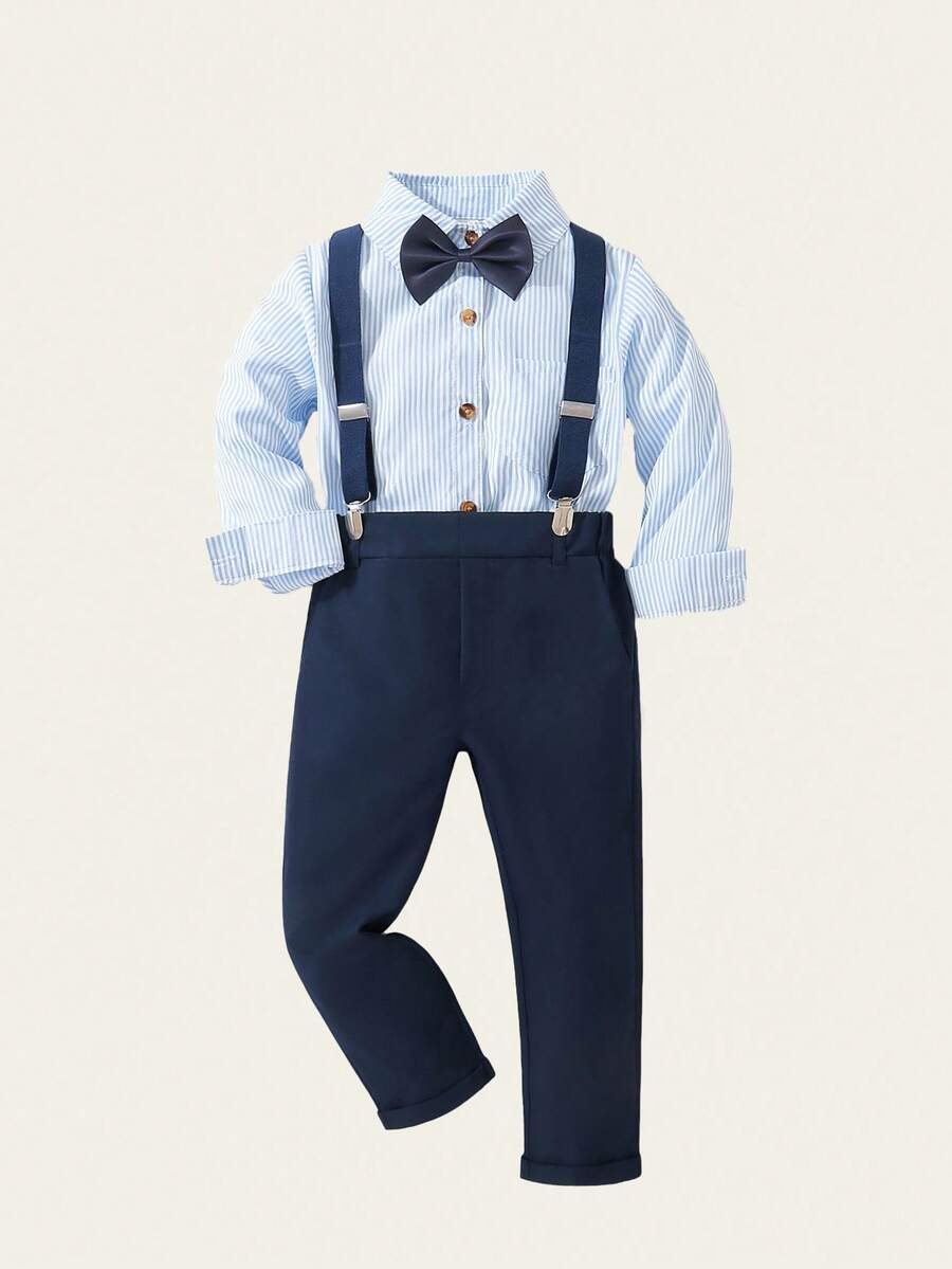 SHEIN 2pcs Young Boy Striped Long Sleeve Shirt With Suspender Pants Gentleman Outfit Set Chic Outfits For Autumn/Winter - Baby Blue - View 1
