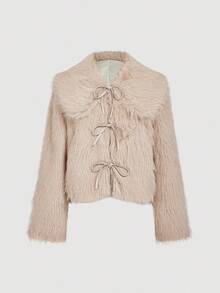 SHEIN MOD Women's Fashionable & Elegant Faux Fur Coat, Autumn Winter, Halloween , Christmas Party, New Year Women's , Thanksgiving, Party , Elegant For Party, Luxury, Women's Winter Coat, Tie Front, - Apricot - View 2