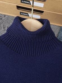 Tween Boys' Casual Sports High Collar Solid Color Pullover Long Sleeve Thermal Lined Knit Sweater Fall Winter - Navy Blue - View 3