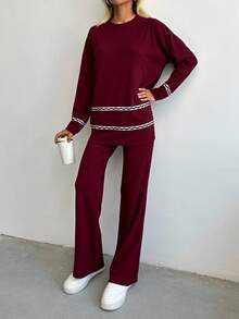 RueChic 2pcs Women's Dropped Shoulder Crew Neck Long Sleeve Sweater And Knit Long Pants Set,Petite Co Ord,Co Ord,Petite,Winter Clothes - Burgundy - View 3