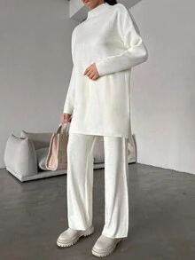 EURMUSE Women's Casual Solid Color Knitted Sweater And Pants 2 Pieces Set, Autumn/Winter - White - View 3