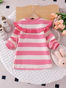 Elladie kids Baby Girls' Pink & White Striped Long Sleeve Dress With Big Collar, Cute Peter Pan Collar Casual Everyday Dress For Toddlers, Autumn/Winter Fall - Pink - View 2