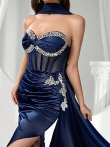 Coutiva Luxury Formal Evening Gown,Heavily Embellished Sequin And Pearl Cuff Design,Elegant Party Dress For Ladies,Long Sleeve Wedding Guest,Graduation,Dinner - Navy Blue - View 11